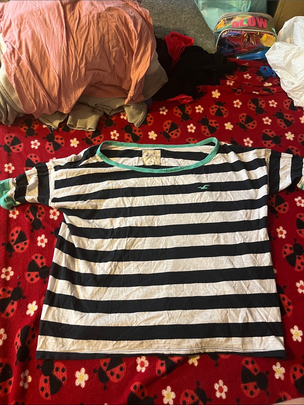 Hollister Black & White Striped Tee with Mint Trim